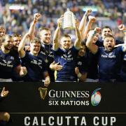 Scotland players celebrate with the Calcutta Cup after the Six Nations match at BT Murrayfield, Edinburgh. Picture date: Saturday February 5, 2022..