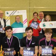 Back row: Chief executive Andrew Bain with young ambassadors Shannon Goundry, Eve Muirhead and Cameryn Dick as well as Councillor Scott FarmerFront row: Kristoffer Hunter, Martin Sandà and Daniel Addison – all Active Stirling volunteers