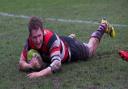Andrew Grant-Suttie scoring a try for County v Watsonians