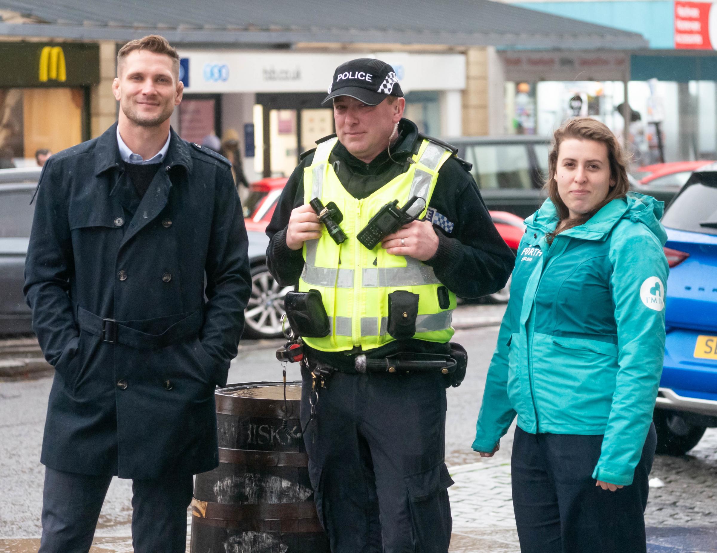 TEAMWORK: Peer Mentor Craig McIntosh with Community Police Officer Neil Hunter and Jitka Fleglova from Go Forth Stirling